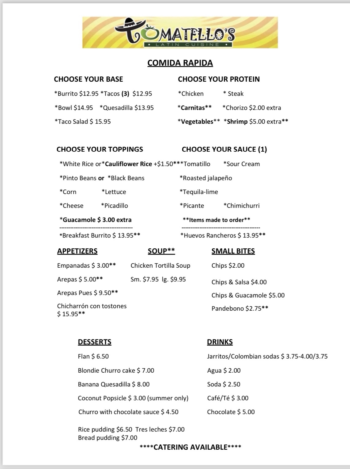 MENU Tomatello's Latin Cuisine