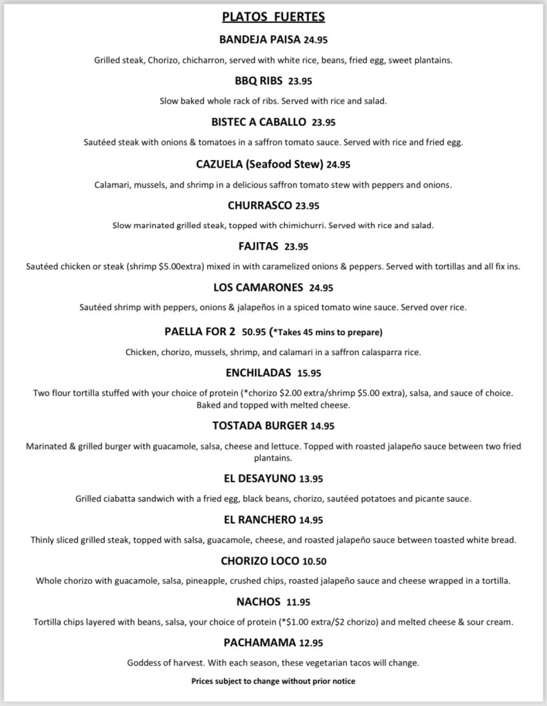 MENU Tomatello's Latin Cuisine